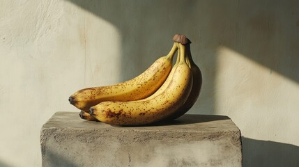 A still life featuring three ripe bananas on a stone surface with soft lighting.