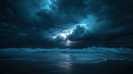 Dramatic Night Seascape Lightning Storm Over Ocean Waves Crashing on Dark Sandy Beach - Epic Nature Photography