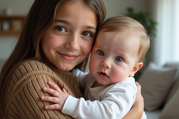 かわいい女の赤ちゃんと歳の離れたお姉ちゃんの2ショットのAI生成画像