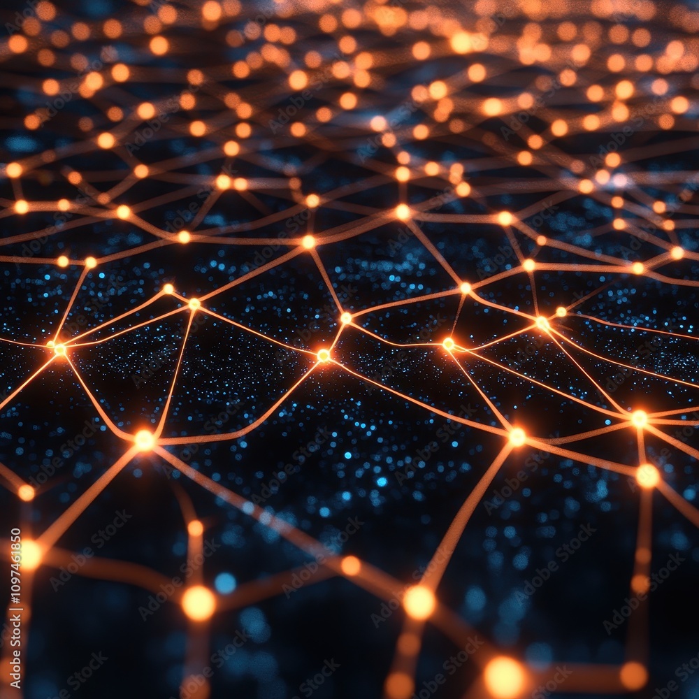 Poster abstract network connection glowing nodes and lines in dark blue and orange - digital technology bac