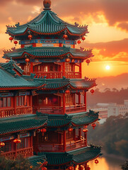 Obraz premium Visually striking chinese temple during chinese new year, the temple is adorned with intricate architectural details.