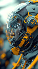 Fototapeta premium Concept of Air pollution. A close-up of a futuristic helmeted figure, showcasing intricate design and vibrant yellow accents, evoking themes of space exploration and advanced technology.
