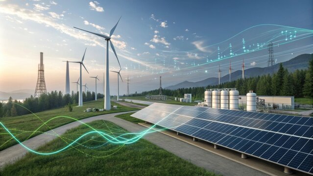 A virtual reality simulation showcasing interaction between AI solar energy and wind currents.