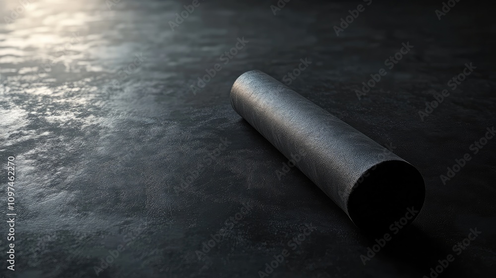 Poster metallic cylinder on dark textured surface with soft lighting creating dramatic shadows and highligh