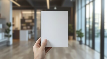 A hand holds a blank white book cover