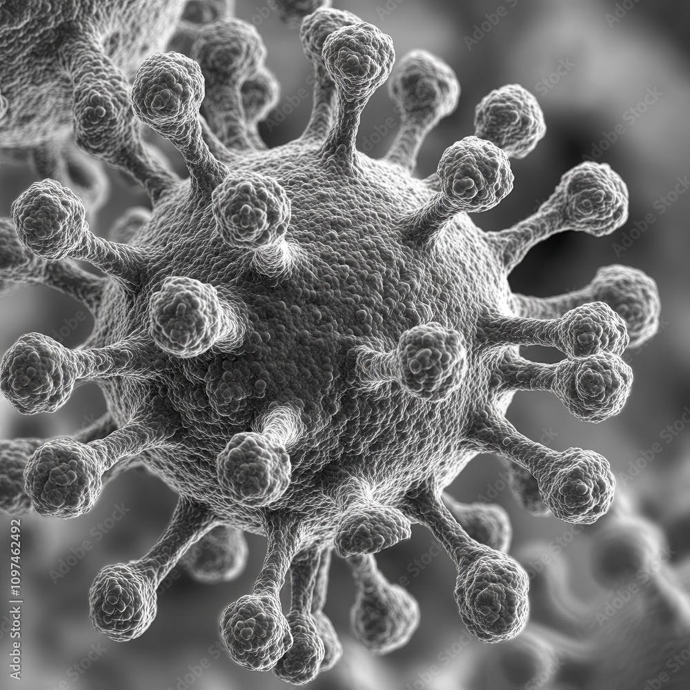 Poster microscopic 3d render of virus particle detailed black and white image of viral structure.
