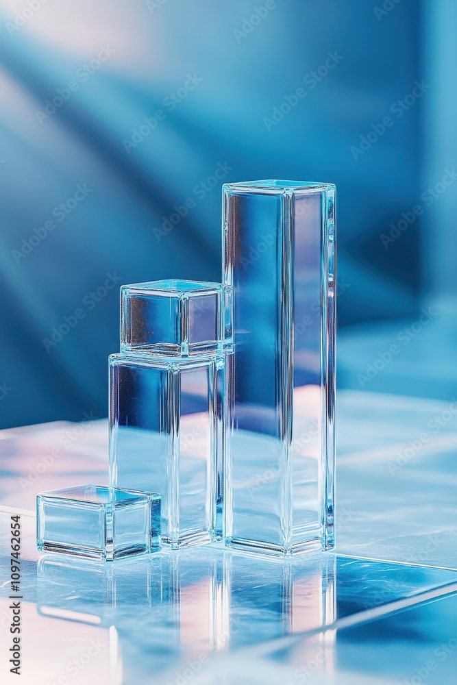 Poster abstract glass cubes on reflective surface modern minimalist product display with blue gradient back