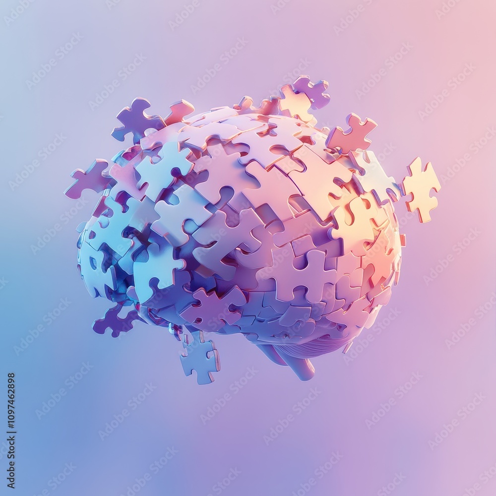 Poster abstract 3d render of a brain composed of puzzle pieces, representing problem solving, mental health