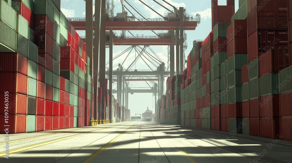 Aufkleber vast container port with towering cranes and stacked cargo, illuminated by sunlight creating a dynam