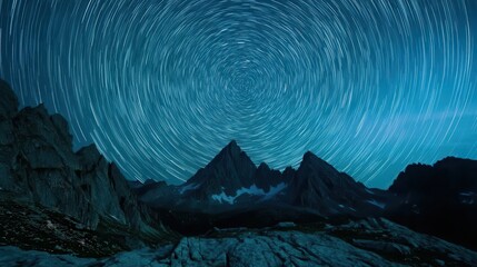 Fototapeta premium Majestic Mountain Peaks Under a Stunning Star Trails Nightscape - Long Exposure Astrophotography