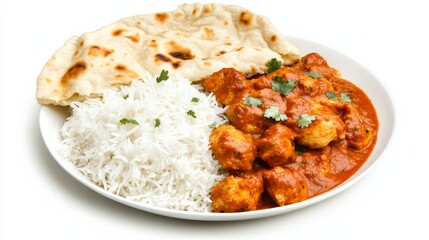 A mouthwatering plate of chicken tikka masala served with basmati rice and garlic naan, Each tender piece of chicken and aromatic curry sauce captured with precision