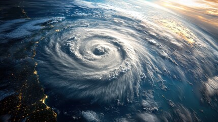 Stunning Satellite View of a Powerful Hurricane Approaching Coastal Cities at Sunset - Dramatic Weather Phenomenon Image