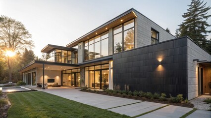 Fototapeta premium A contemporary home featuring a thermal mass wall that absorbs sunlight and releases warmth indoors.