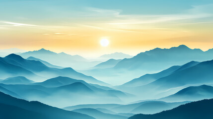 Fototapeta premium Crystal mountain range with misty valley and blue sky. Iridescent Misty Horizon. Illustration