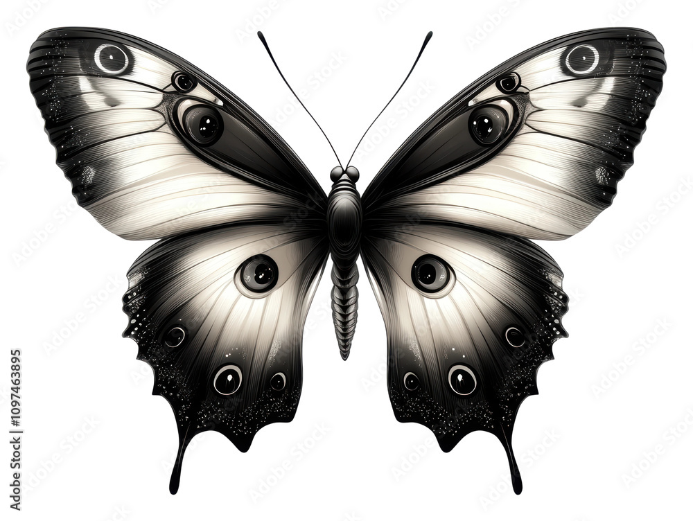 Poster symmetrical black and white butterfly design with unique patterns isolated on transparent background