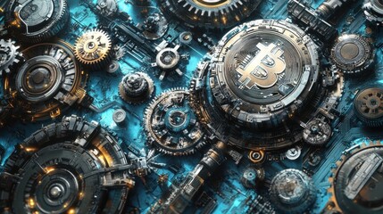 Futuristic Bitcoin Mining Rig Abstract 3D Render of Complex Cryptocurrency Machinery with Glowing Gears and Circuits