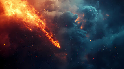 Obraz premium Blazing meteorite hurtling through space, trailing fiery flames and thick smoke, symbolizing a dramatic celestial event and imminent impact. Flaming Meteor Strike. Illustration