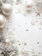 Festive Christmas wreath decorations frame Frosty Winter Wonderland Background with Glittering Ornaments and Scattered Stars, Perfect for Holiday Greetings and Celebratory Text Placement