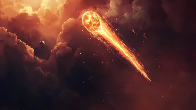 Blazing meteorite hurtling through space, trailing fiery flames and thick smoke, symbolizing a dramatic celestial event and imminent impact. Flaming Meteor Strike. Illustration