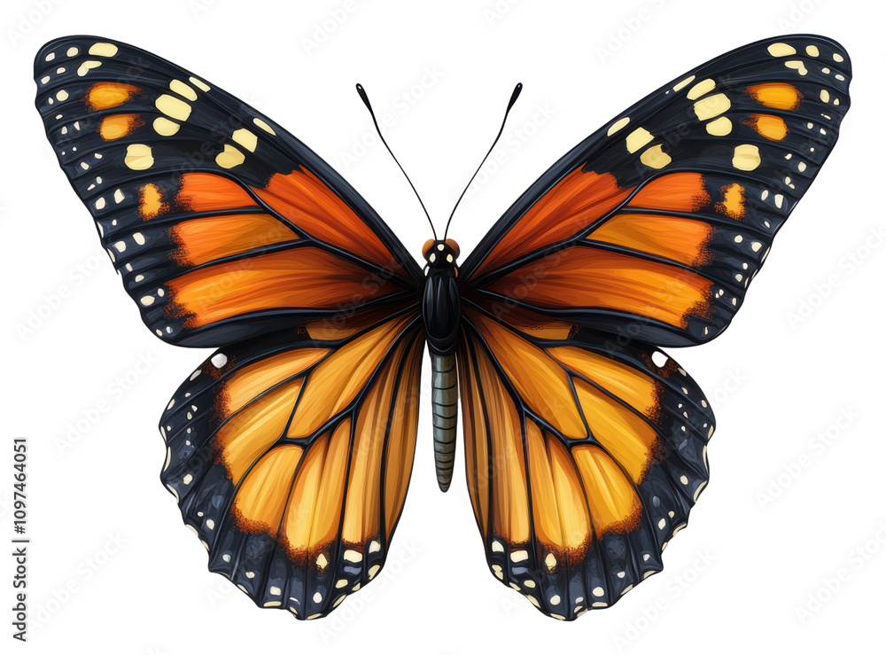 Poster butterfly with symmetrical wings displaying vibrant colors isolated on transparent background