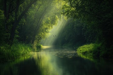 Fototapeta premium Serene Green Forest River Landscape Sunbeams Illuminating Calm Water with Birds in Flight, Lush Greenery and Tranquil Atmosphere.