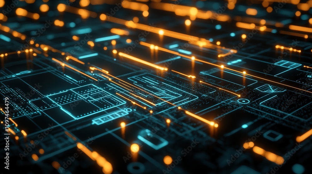Poster abstract futuristic technology background glowing orange and teal digital network lines and data str