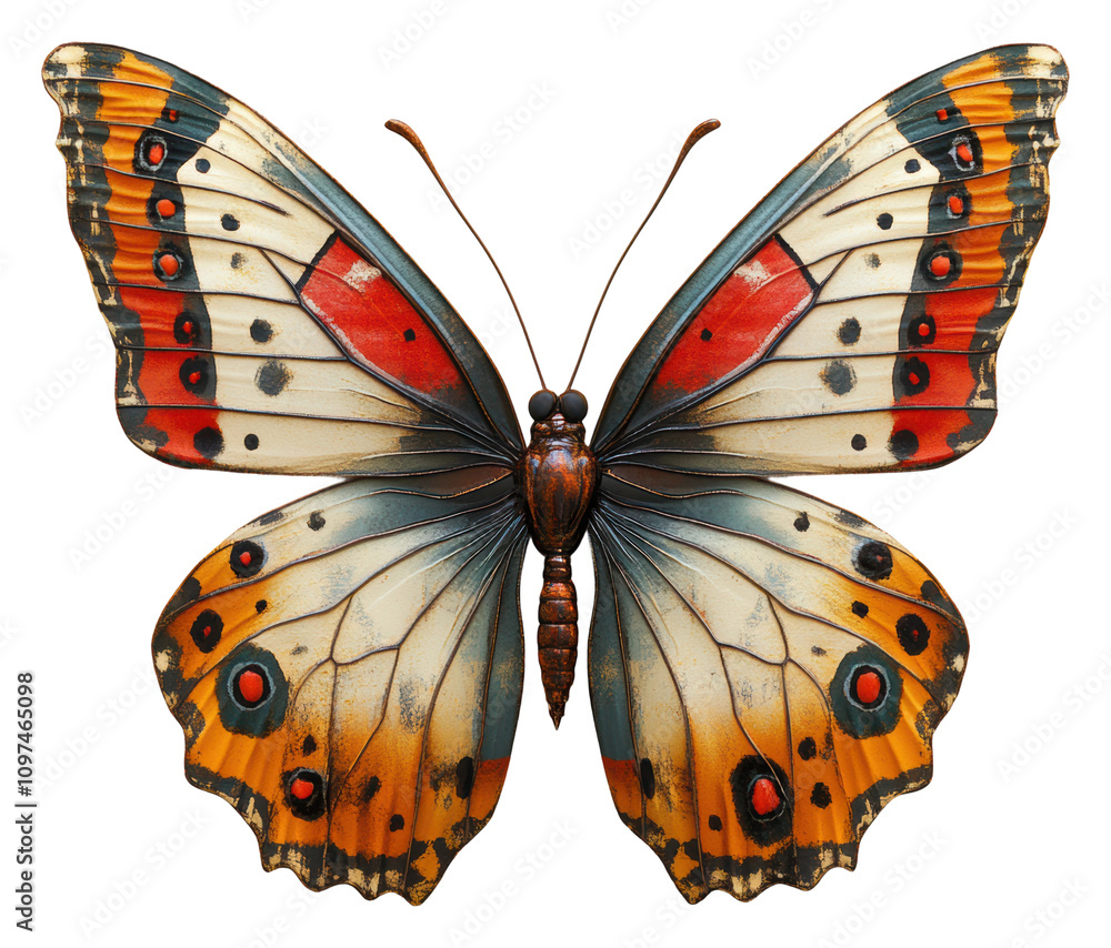 Poster Colorful symmetrical butterfly with intricate patterns isolated on transparent background