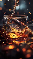 Amber Liquid Splashing into a Glass: Close-up Photography of Whiskey Pour