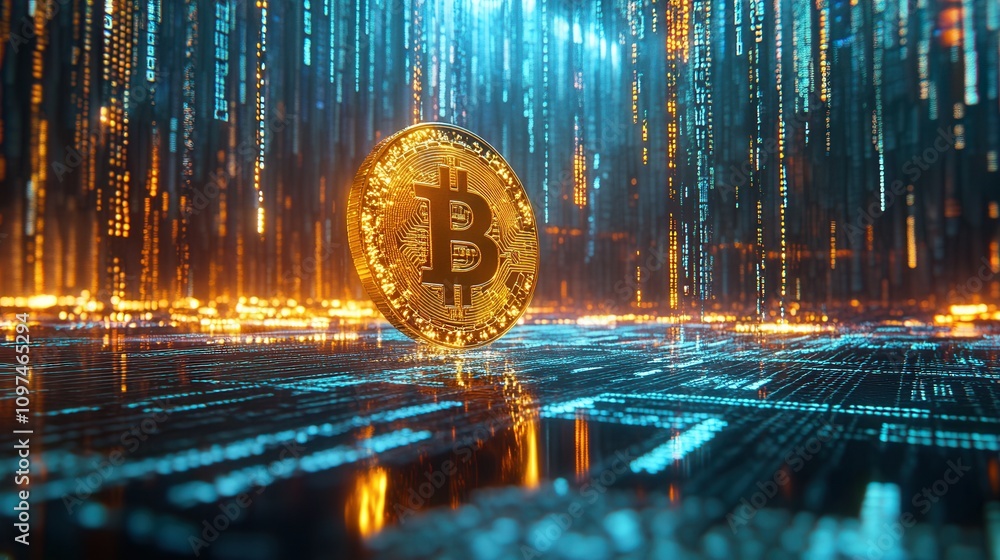 Poster luminous golden bitcoin cryptocurrency coin on futuristic digital background - blockchain technology