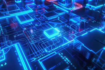 A glowing circuit board advertising AI and a digital world