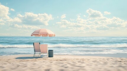 Obraz premium Serene Beach Scene Two Striped Deck Chairs, Umbrella, and Cooler on Sandy Shore with Ocean Waves and Blue Sky