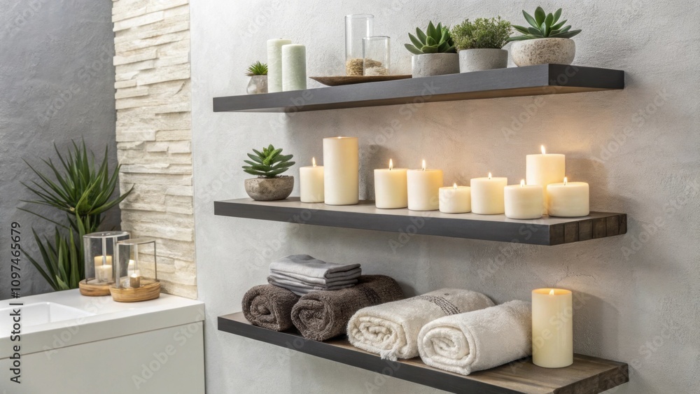 Poster sleek floating shelves display carefully curated candles and delicate succulents enhancing the calmi