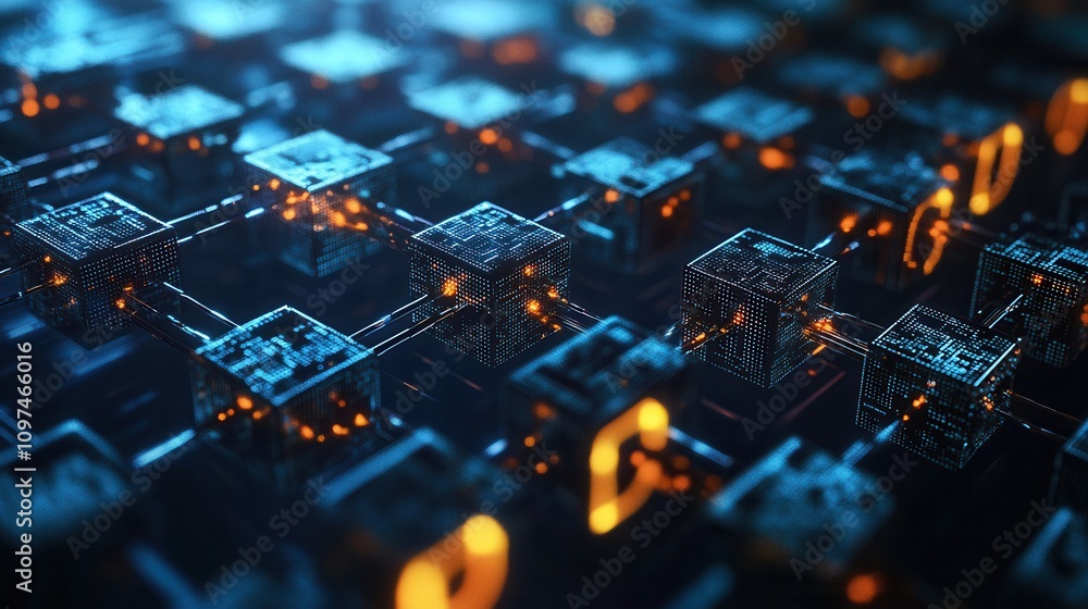 Poster futuristic network abstract 3d render of interconnected cubes representing blockchain technology, da