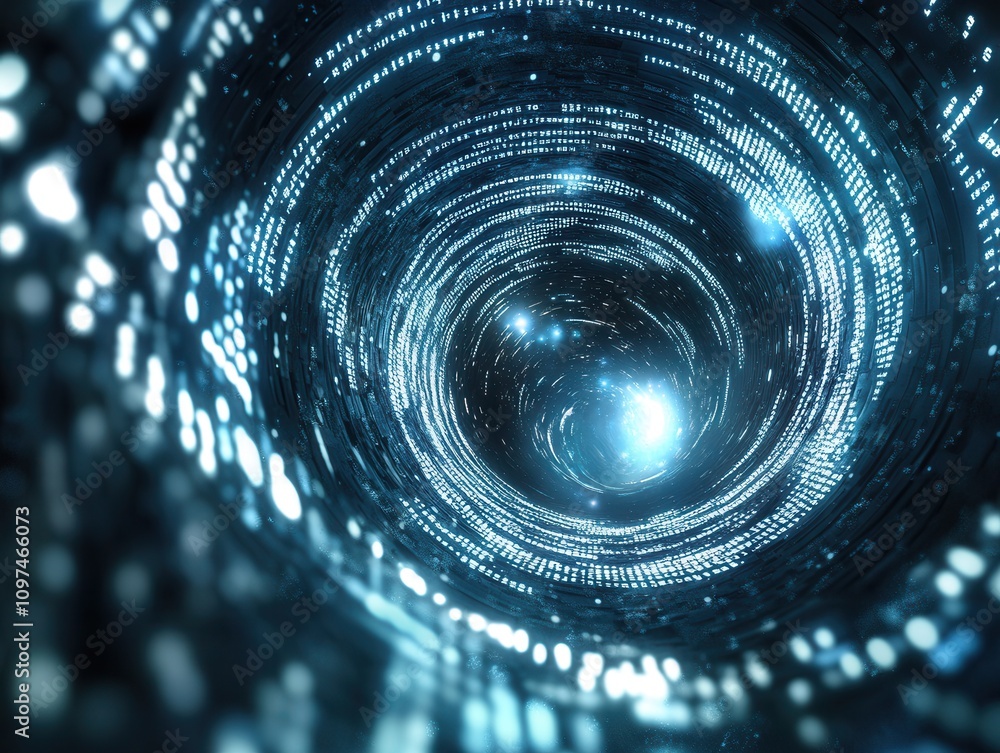 Poster abstract swirling data vortex futuristic digital tunnel of binary code and glowing particles.