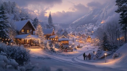 Magical Winter Village Scene Family Walking Through Snowy Christmas Town at Dusk - Festive Holiday Illustration