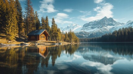 Fototapeta premium Serene Alpine Log Cabin by Crystal Clear Lake with Majestic Mountain Reflection - Breathtaking Autumn Scenery