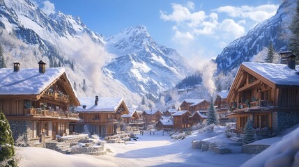 Idyllic Snow-Covered Alpine Village Nestled in Majestic Mountains Stunning Winter Wonderland Scene