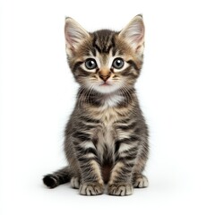 cute tabby kitten with big eyes sitting on white background