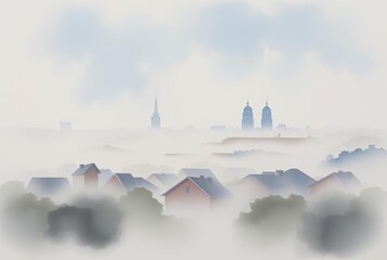 _. Morning Mist A watercolor painting of a cityscape shrouded in