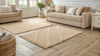 Obraz premium Soft sandycolored area rugs anchor the seating arrangement and provide contrast against the pale wood flooring adding comfort underfoot while maintaining the overall light palette