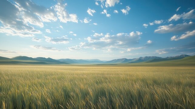 Serene Grassland Landscape Rolling Hills, Blue Sky, and Golden Grass Under a Sunny Sky - Nature Photography