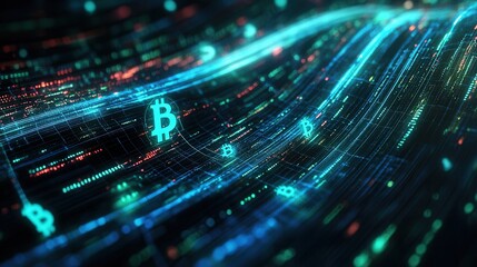 Abstract Futuristic Bitcoin Cryptocurrency Blockchain Technology Background Digital Currency Network, Data Stream, and Financial Innovation Concept