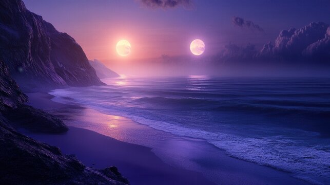 Surreal Twilight Seascape Two Moons Rise Over a Purple Ocean and Volcanic Cliffs - Dreamlike Fantasy Landscape Photography