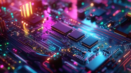 Obraz premium Vibrant Neon-Lit Circuit Board Close-Up Abstract Technology Background with Glowing Microchips and Pathways