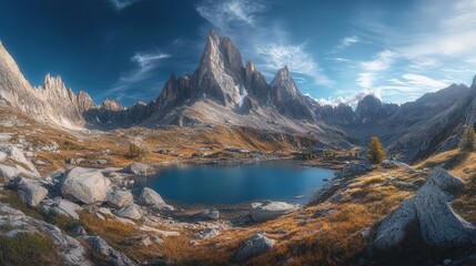 Fototapeta premium Breathtaking Panoramic View of Alpine Lake Nestled Amongst Majestic Granite Peaks, Golden Autumnal Hues, Clear Blue Sky