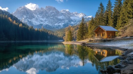 Fototapeta premium Stunning Alpine Lake Cabin Reflection Picturesque Log Cabin Nestled by Crystal-Clear Water with Snow-Capped Mountains in Dolomites, Italy