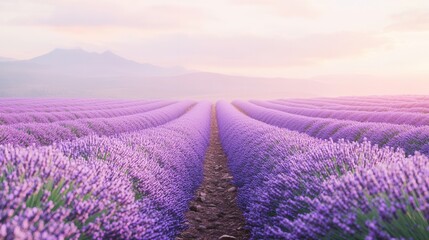 Fototapeta premium Serene Lavender Fields at Sunrise Rows of Purple Flowers Leading to Misty Mountains