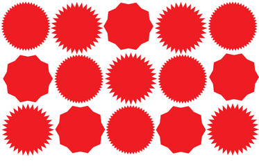 Starburst red sticker set - collection of special offer sale round and oval sunburst labels and buttons isolated on white background. Stickers and badges with star edges for promo advertising.