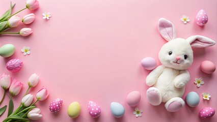 Pastel Easter Bunny with Tulips and Eggs on Pink Background