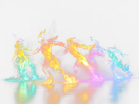 Colorful fire figures dancing in a dark environment.